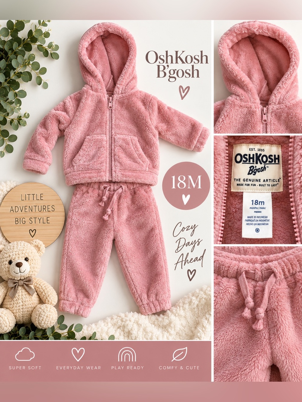 OshKosh B’gosh Baby Girls 18M Pink Plush Fleece Hoodie Jogger Set